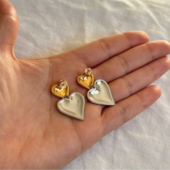 Puffed Double Hearts Gold/Silver Valentine's Earrings OS - Picture 7 of 8